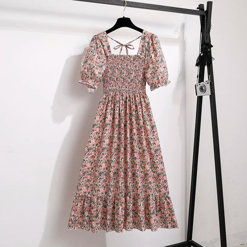 🌸 Spring/Summer Pleated Chiffon Dress for Women 👗 – Elastic Waist Casual Short Sleeve A-Line Dress | فستان شيفون نسائي مزموم – خصر مرن، أكمام قصيرة، وقصة A كلاسيكية لصيف وربيع مريح وأنيق