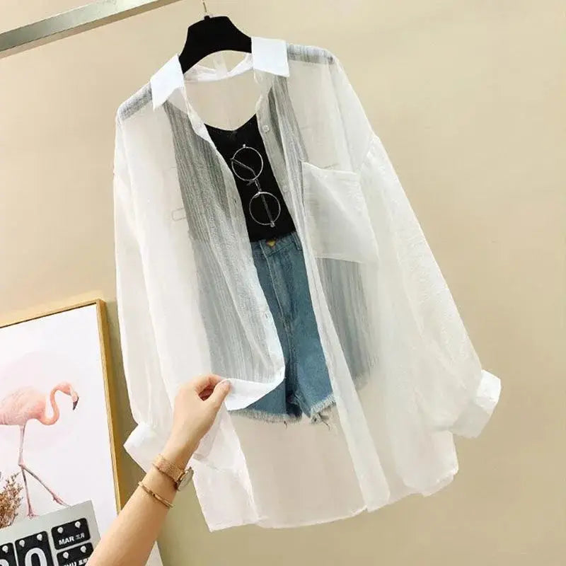 ☀️ Summer Sheer Chiffon Sunscreen Blouse 👒 – Elegant Loose See-Through Korean Cardigan for Women | بلوزة صيفية شيفون خفيفة وشفافة – كارديغان واسع أنيق لحماية الشمس بإطلالة كورية