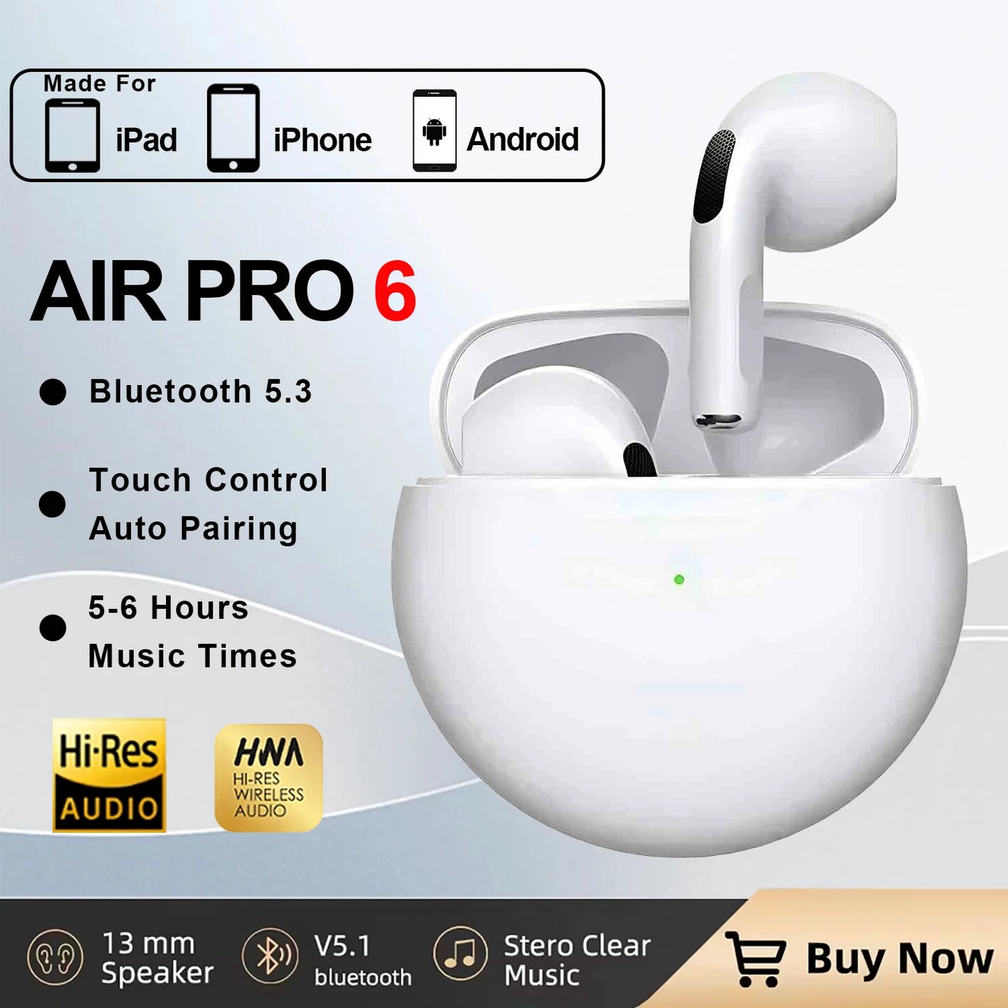 🎧 New Air Pro 6 TWS Wireless Earbuds 🔊 – Bluetooth Headphones with Mic for iPhone & Android | سماعات Air Pro 6 اللاسلكية – بتقنية TWS وبلوتوث مع مايك للجوالات