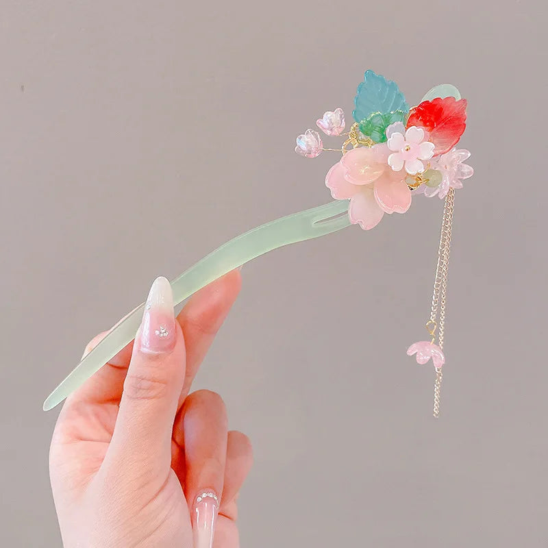 ✨ Elegant Chinese Style Flower Tassel Hairpin – Romantic Alloy Hair Accessory 🔷 دبوس شعر أنيق بطراز صيني تقليدي – مزين بزهور ومعلقات رومانسية من المعدن
