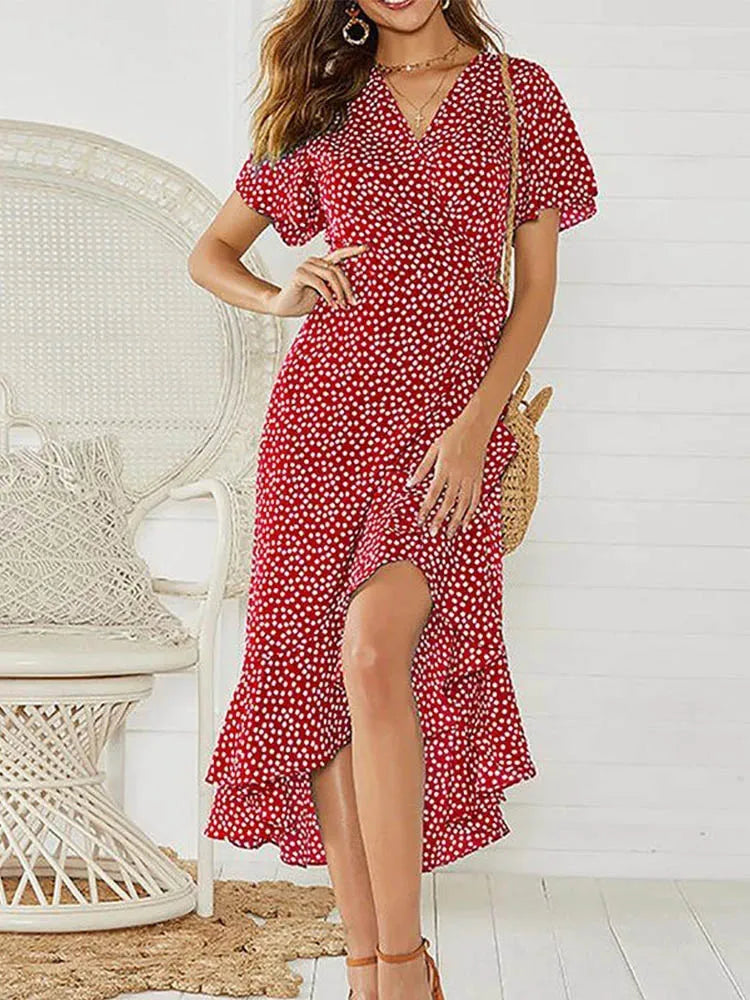 🌸 Boho Floral Chiffon Maxi Dress for Women 👗 – Summer Beach V-Neck Wrap Dress with Ruffles & Split | فستان ماكسي نسائي بوهيمي بطبعة زهور – لف صيفي بشيفون، كشكش، وقَصّة مفتوحة