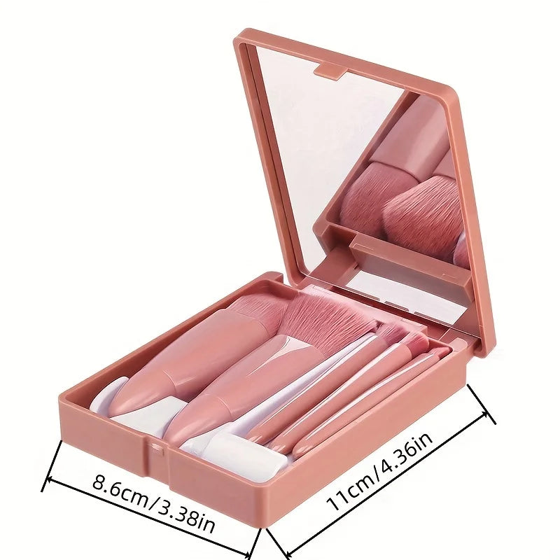 5-Piece Portable Makeup Brush Set with Foldable Mirror – Travel-Friendly Mini Beauty Kit | طقم فرش مكياج صغير 5 قطع مع مرآة قابلة للطي – مجموعة تجميل مثالية للسفر