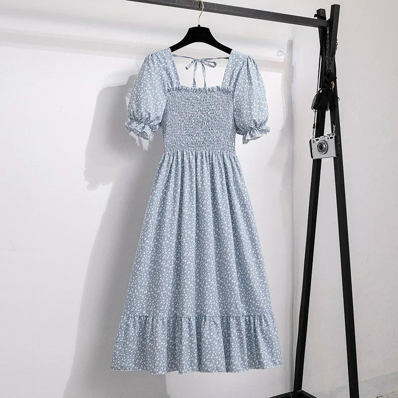 🌸 Spring/Summer Pleated Chiffon Dress for Women 👗 – Elastic Waist Casual Short Sleeve A-Line Dress | فستان شيفون نسائي مزموم – خصر مرن، أكمام قصيرة، وقصة A كلاسيكية لصيف وربيع مريح وأنيق