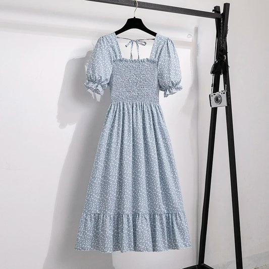 🌸 Spring/Summer Pleated Chiffon Dress for Women 👗 – Elastic Waist Casual Short Sleeve A-Line Dress | فستان شيفون نسائي مزموم – خصر مرن، أكمام قصيرة، وقصة A كلاسيكية لصيف وربيع مريح وأنيق
