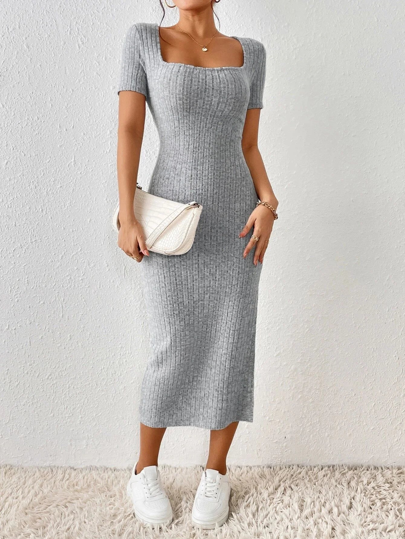 🌼 Women’s Knitted Square Neck Dress 👗 – Casual Spring/Summer Short Sleeve Slit Vestido | فستان محاك نسائي بقبة مربعة – بأكمام قصيرة وشق جانبي لإطلالة كاجوال ربيعية وصيفية