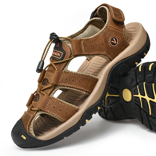 Men’s Summer Leather Sandals – Breathable Outdoor Roman-Style Casual Shoes for Beach & Daily Wear | صنادل رجالية صيفية من الجلد – بتصميم روماني أنيق ومريح للبحر والمشاوير اليومية