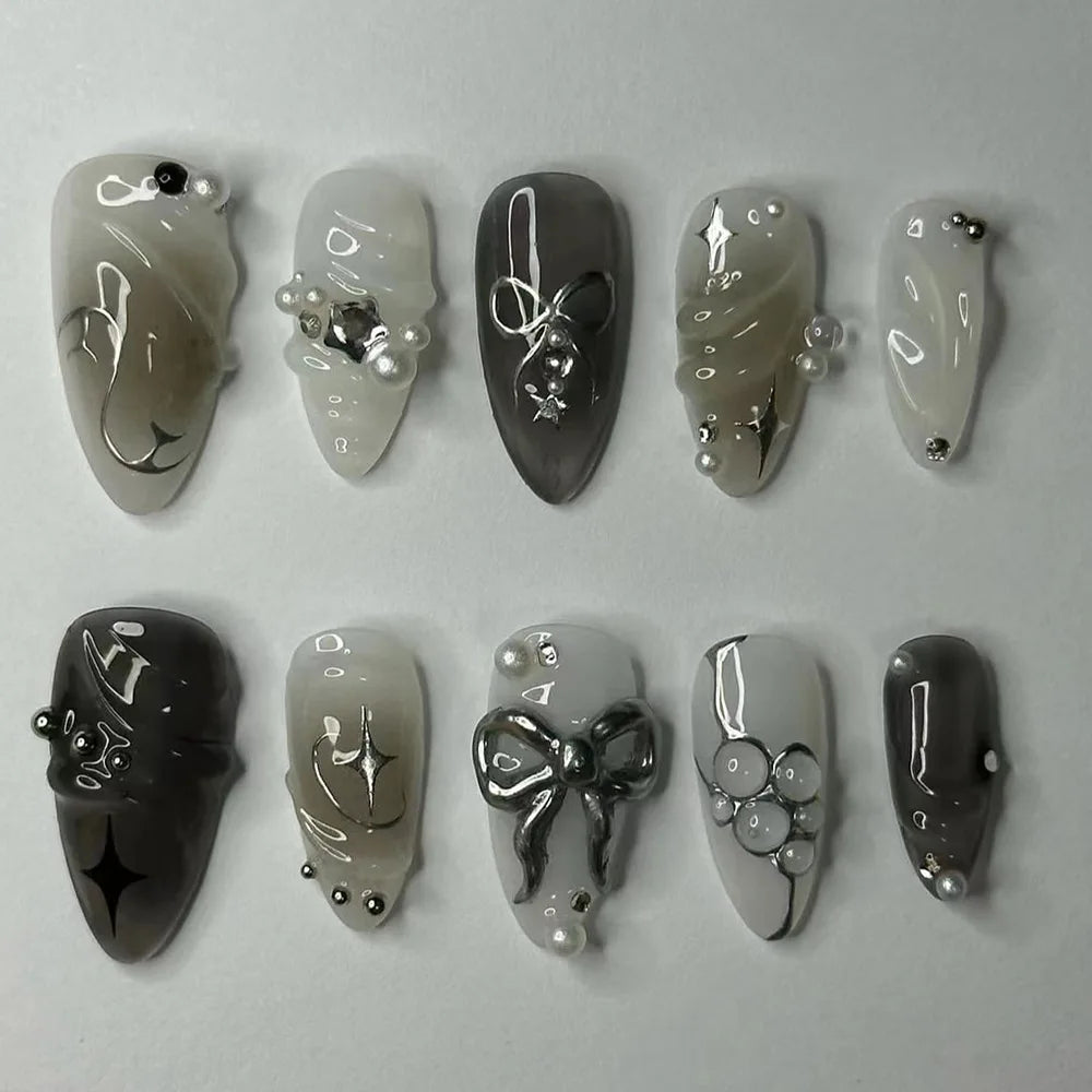24pcs Sweet Detachable False Nails with Bowknots & Pearls – أظافر صناعية فاخرة قابلة للفك مزينة بفيونكات ولؤلؤ