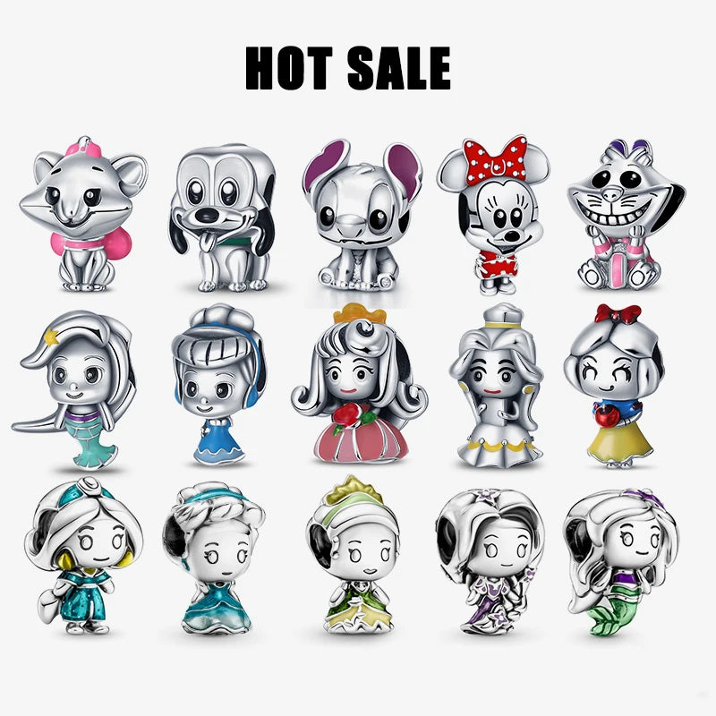 925 Sterling Silver Disney Bead Charm – Mickey, Minnie & Stitch DIY Bracelet Accessory | خرزة فضية أصلية 925 بتصميم ديزني – ميكي، ميني، وستيتش لسوار DIY نسائي أنيق