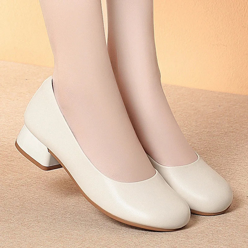 Women’s Soft Leather Square Heel Shoes – 3cm Comfortable Office Loafers for Spring & Fall 2025 | حذاء نسائي من الجلد الطري بكعب مربع 3 سم – أنيق ومريح للمكتب ومناسب للربيع والخريف