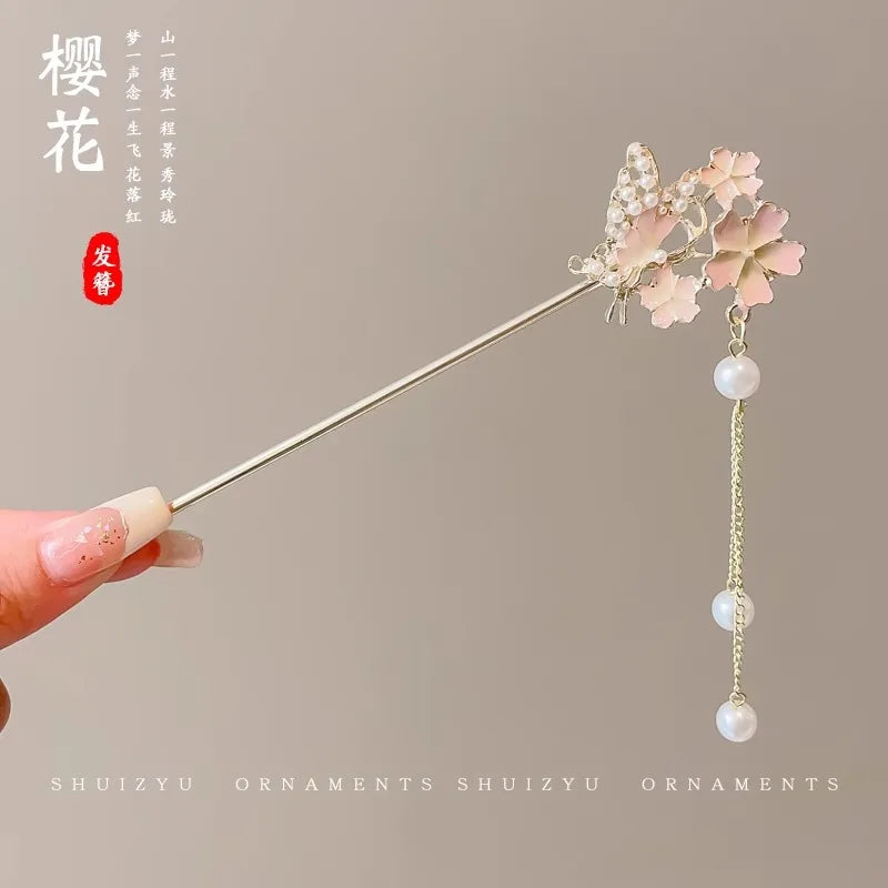 ✨ Elegant Chinese Style Flower Tassel Hairpin – Romantic Alloy Hair Accessory 🔷 دبوس شعر أنيق بطراز صيني تقليدي – مزين بزهور ومعلقات رومانسية من المعدن