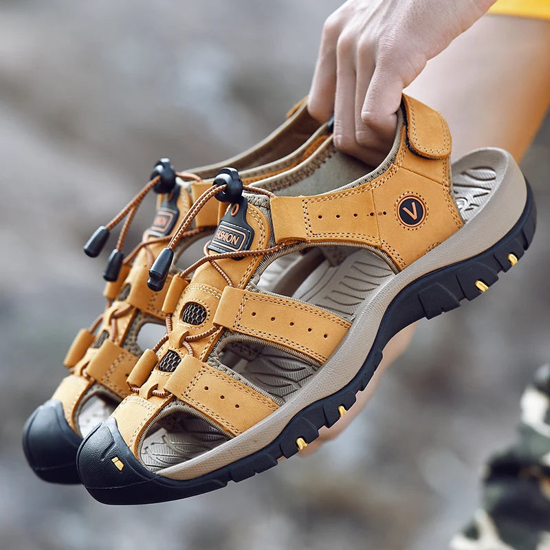 Men’s Summer Leather Sandals – Breathable Outdoor Roman-Style Casual Shoes for Beach & Daily Wear | صنادل رجالية صيفية من الجلد – بتصميم روماني أنيق ومريح للبحر والمشاوير اليومية