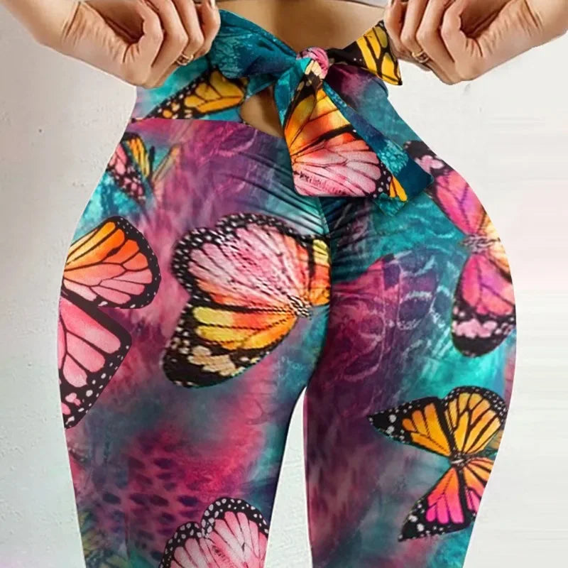 🔥 High-Waist Butterfly Print Yoga Leggings 🧘‍♀️ – Bowknot Bandage Tights for Women, Butt-Lifting Fitness Pants | ليقنز نسائي عالي الخصر بطبعة فراشة – شريط فيونكة، مشد رفع المؤخرة لليوغا والتمارين