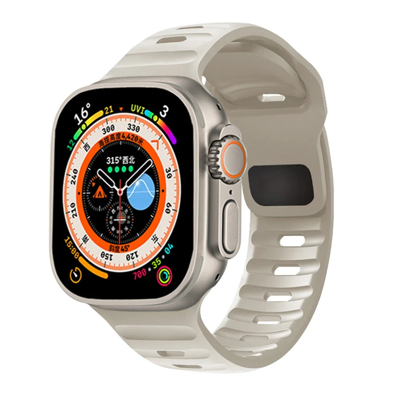 🏃‍♂️ Silicone Sport Strap for Apple Watch – Compatible with Series 9/8/7/6/5/4/3/SE/Ultra (38mm-49mm) | سوار رياضي سيليكون لساعة أبل – متوافق مع جميع المقاسات والسلاسل