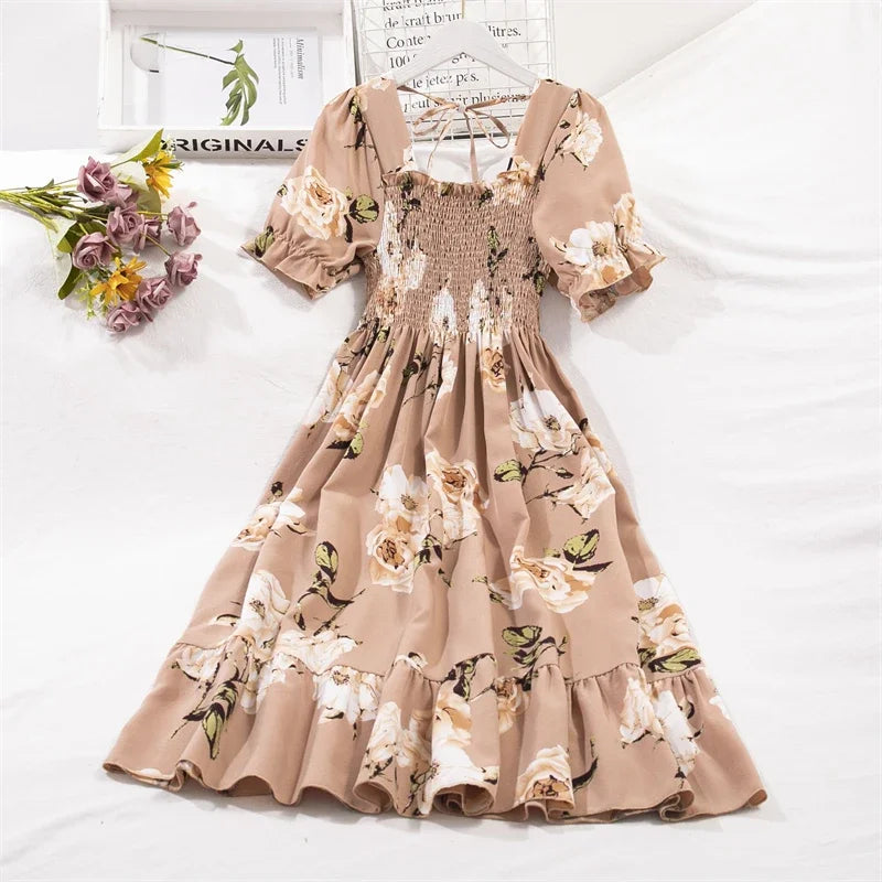 🌸 Spring/Summer Pleated Chiffon Dress for Women 👗 – Elastic Waist Casual Short Sleeve A-Line Dress | فستان شيفون نسائي مزموم – خصر مرن، أكمام قصيرة، وقصة A كلاسيكية لصيف وربيع مريح وأنيق