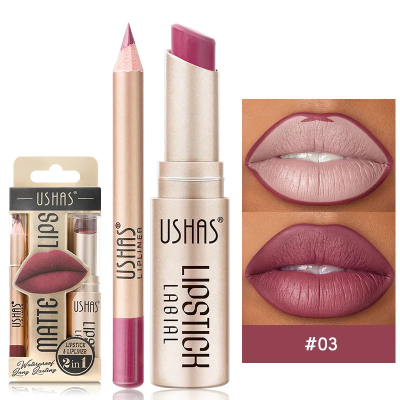 💄 USHAS 12-Color Matte Lipstick & Lip Liner Set – Long-Lasting Nude & Red Combo | طقم USHAS أحمر شفاه + قلم تحديد (12 لون) – مطفي وثابت – نود & أحمر