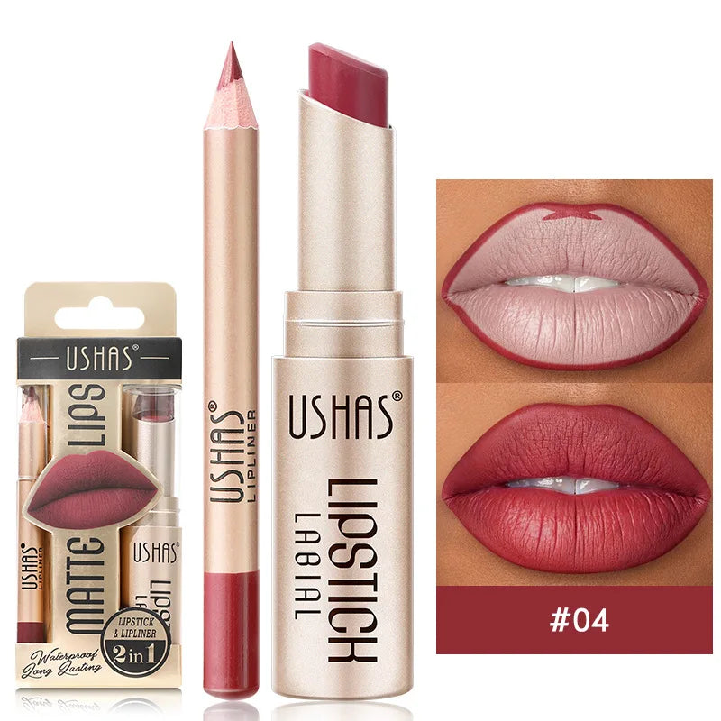 💄 USHAS 12-Color Matte Lipstick & Lip Liner Set – Long-Lasting Nude & Red Combo | طقم USHAS أحمر شفاه + قلم تحديد (12 لون) – مطفي وثابت – نود & أحمر