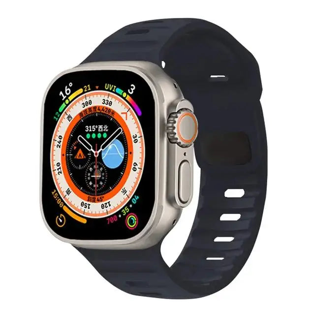 🏃‍♂️ Silicone Sport Strap for Apple Watch – Compatible with Series 9/8/7/6/5/4/3/SE/Ultra (38mm-49mm) | سوار رياضي سيليكون لساعة أبل – متوافق مع جميع المقاسات والسلاسل