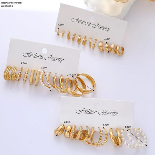 ✨ Geometric Hoop Earrings Set – Bohemian Pearl & Gold Round Punk Style 🔷 طقم أقراط دائرية بتصميم هندسي – لؤلؤ وبوهو ذهبي للنساء بإطلالة بانك عصرية