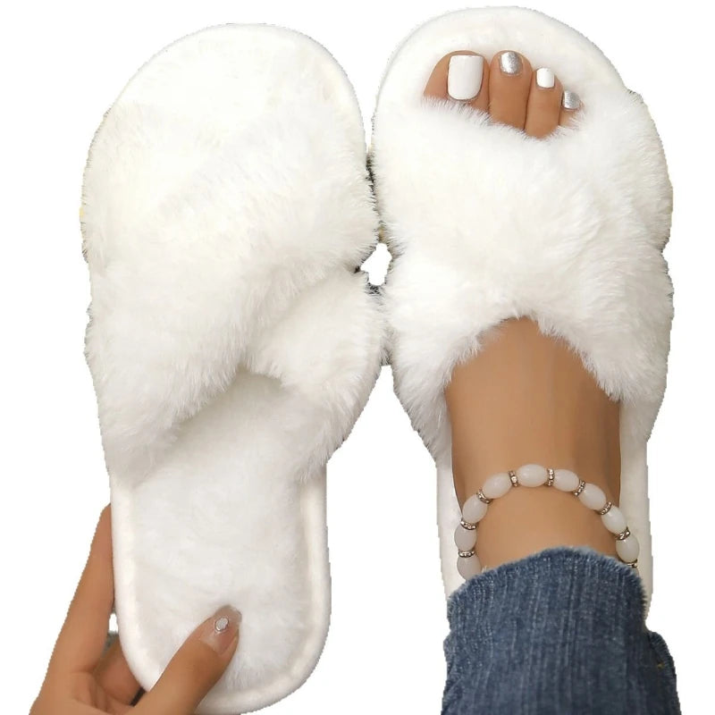 Women’s Cross-Strap Fuzzy Slippers – Open-Toe Fluffy Home Shoes for Warm & Cozy Comfort | شباشب نسائية ناعمة برباط متقاطع ومقدمة مفتوحة – شتوية دافئة للاستخدام المنزلي