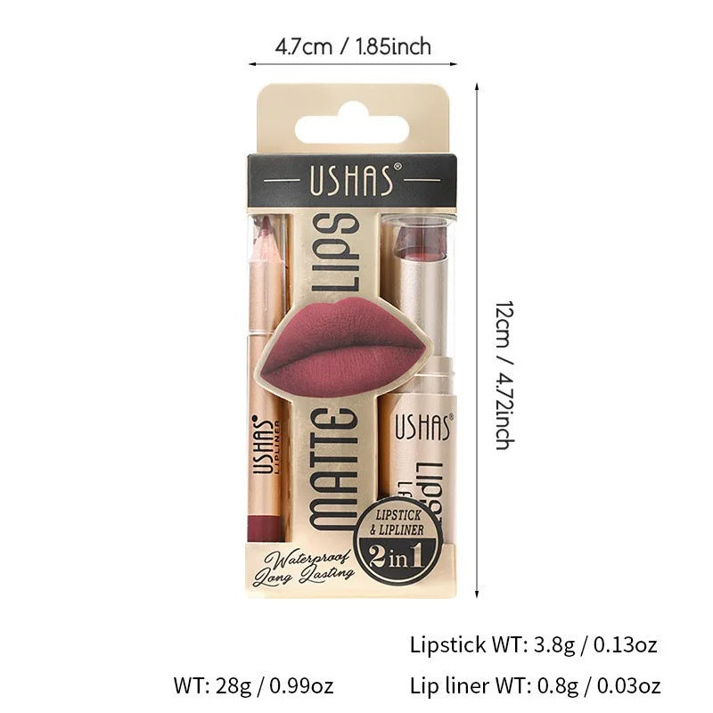 💄 USHAS 12-Color Matte Lipstick & Lip Liner Set – Long-Lasting Nude & Red Combo | طقم USHAS أحمر شفاه + قلم تحديد (12 لون) – مطفي وثابت – نود & أحمر