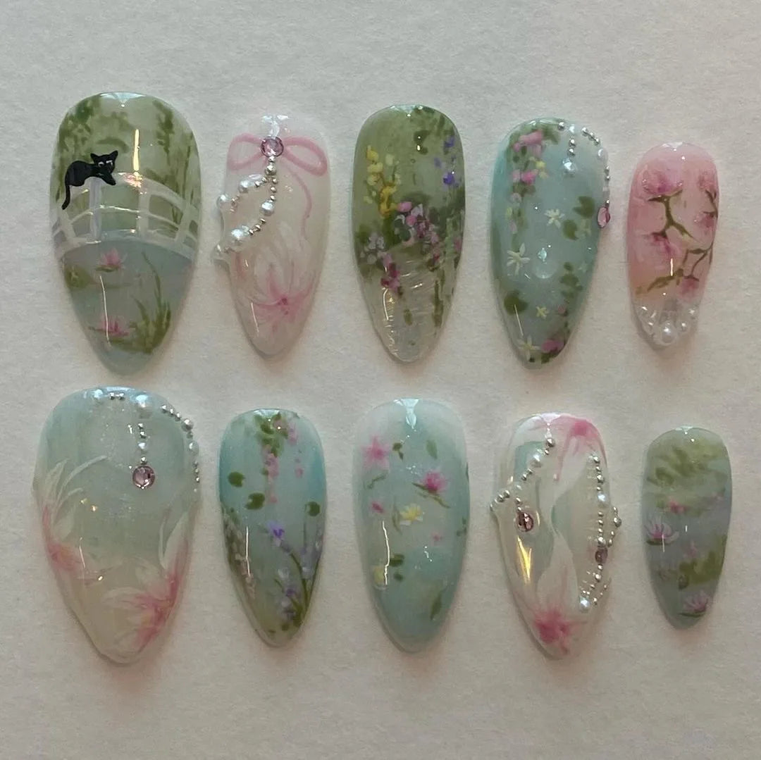 24pcs Sweet Detachable False Nails with Bowknots & Pearls – أظافر صناعية فاخرة قابلة للفك مزينة بفيونكات ولؤلؤ
