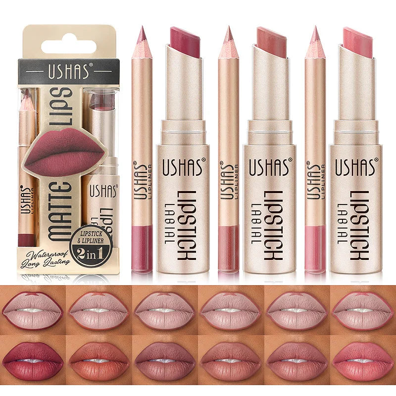 💄 USHAS 12-Color Matte Lipstick & Lip Liner Set – Long-Lasting Nude & Red Combo | طقم USHAS أحمر شفاه + قلم تحديد (12 لون) – مطفي وثابت – نود & أحمر