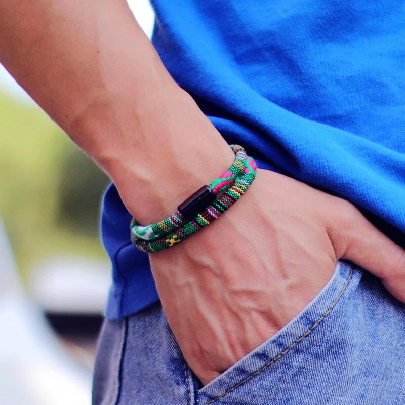 ✨ Men's Bohemia Magnetic Rope Bracelet – Adventure Surf & Beach Style 🔷 سوار رجالي بوهو بحبل مغناطيسي – ستايل المغامرة والشاطئ والسيرف