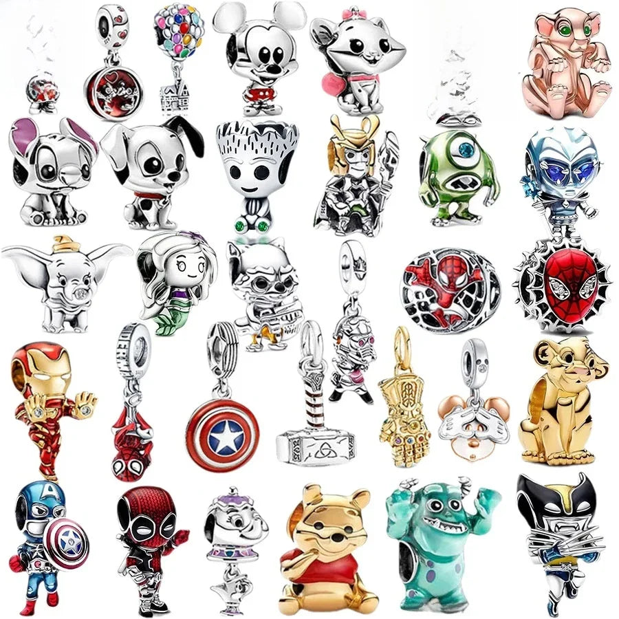 925 Sterling Silver Disney Bead Charm – Mickey, Minnie & Stitch DIY Bracelet Accessory | خرزة فضية أصلية 925 بتصميم ديزني – ميكي، ميني، وستيتش لسوار DIY نسائي أنيق