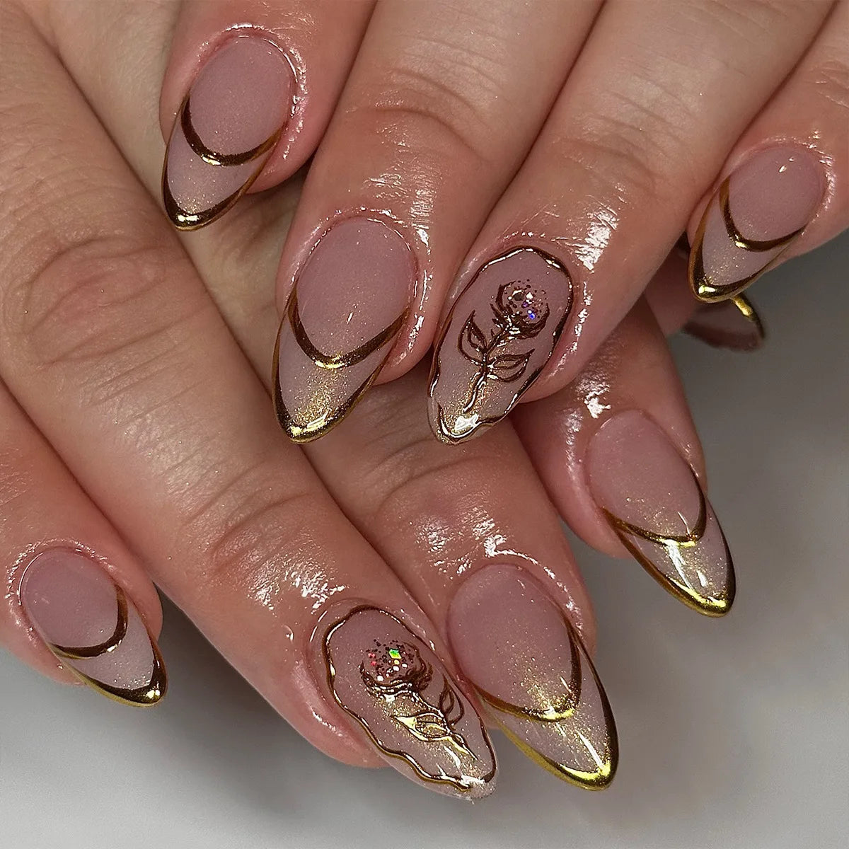 24 قطعة أظافر صناعية بشكل لوزي مع لاصق وديكور فضي – 24Pcs Almond Shape Fake Nails with Glue & Silver Bow Design
