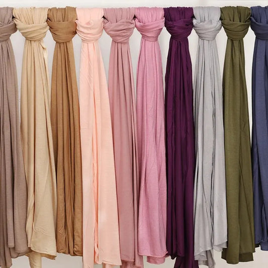 🌙 Modal Cotton Jersey Hijab Scarf 🧣 – Soft Plain Long Head Wrap for Women (170x60cm) | حجاب شيفون قطني ناعم – شال طويل سادة بربطة مرنة للنساء (170×60 سم)