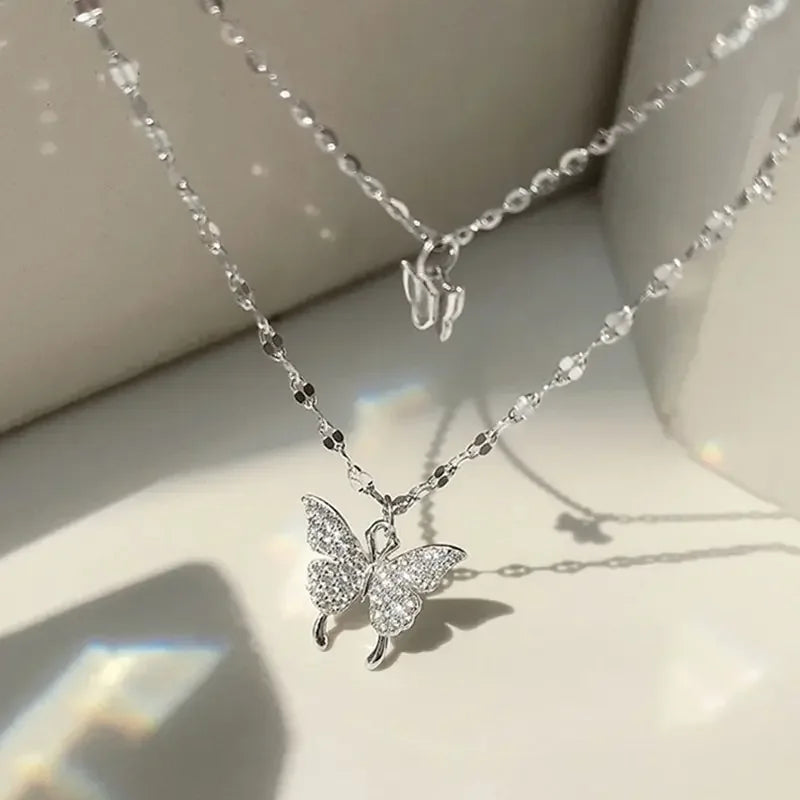 💎 Women’s Double Layer Butterfly Necklace 🦋 – Sparkling Exquisite Collar Chain Jewelry for Party & Holiday Gift | عقد نسائي مزدوج الطبقات بتصميم فراشة لامع – سلسلة أنيقة للحفلات والهدايا