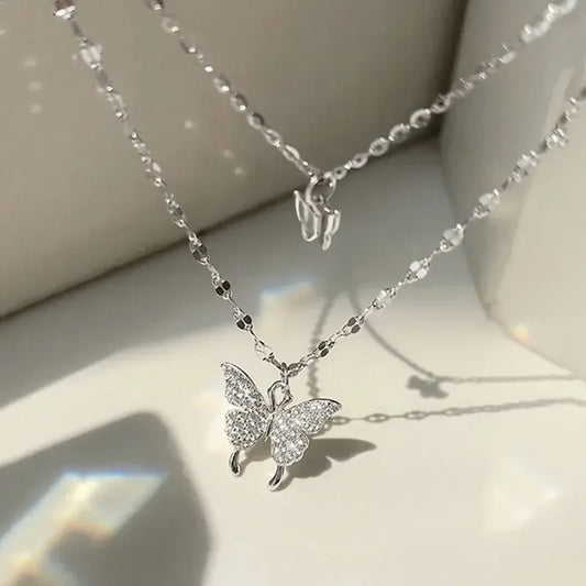 💎 Women’s Double Layer Butterfly Necklace 🦋 – Sparkling Exquisite Collar Chain Jewelry for Party & Holiday Gift | عقد نسائي مزدوج الطبقات بتصميم فراشة لامع – سلسلة أنيقة للحفلات والهدايا