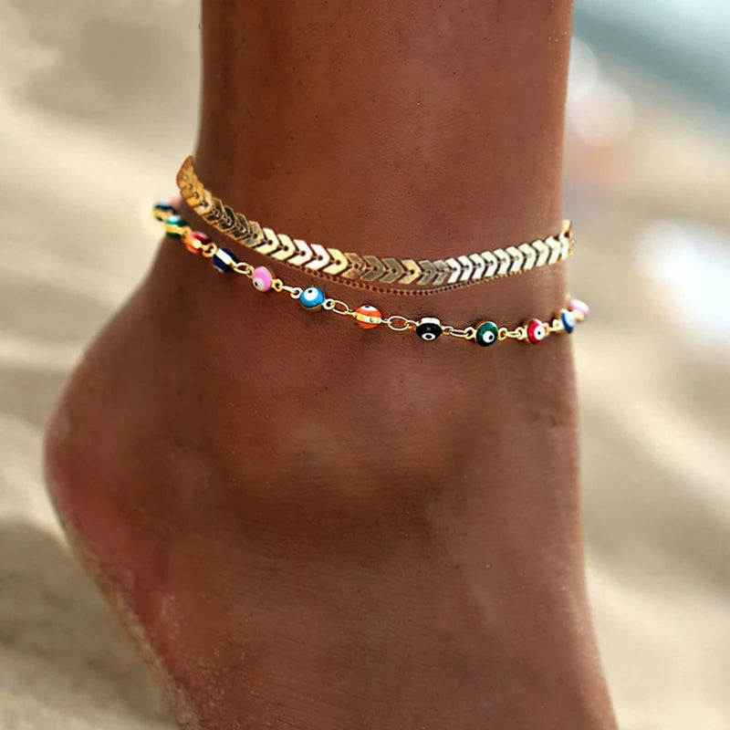 ✨ Bohemian Turkish Eye Charm Anklet – Colorful Butterfly, Flower & Shell Jewelry 🔷 خلخال بوهيمي مزين بعيون تركية وأشكال فراشة وزهرة وصدف – إكسسوار صيفي للنساء