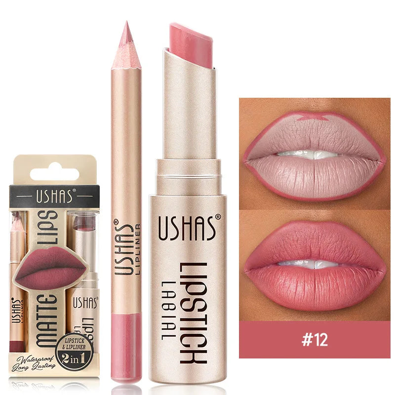 💄 USHAS 12-Color Matte Lipstick & Lip Liner Set – Long-Lasting Nude & Red Combo | طقم USHAS أحمر شفاه + قلم تحديد (12 لون) – مطفي وثابت – نود & أحمر