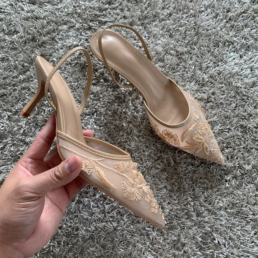 Women’s Embroidered Mesh Beaded High Heel Mules – Elegant Pointed Toe Slingback Fashion Sandals | صندل نسائي بكعب عالي مطرّز من الشيفون – أنيق مع خرز وخيط وتصميم مفتوح من الخلف بطرف مدبب