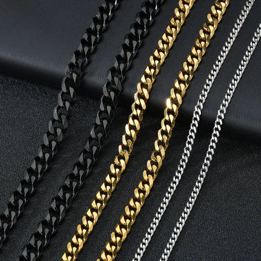 ✨ Stainless Steel Cuban Chain Necklace – 3.5MM/5MM/7MM Gold & Black Punk Style 🔷 سلسلة كوبن ستانلس ستيل للرجال والنساء – ألوان ذهبي وأسود بثلاث سماكات عصرية