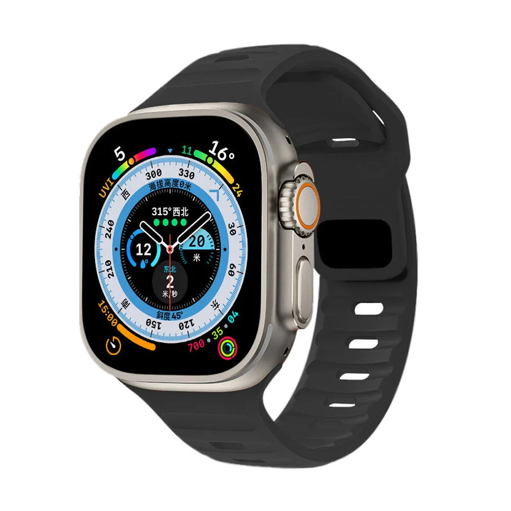 🏃‍♂️ Silicone Sport Strap for Apple Watch – Compatible with Series 9/8/7/6/5/4/3/SE/Ultra (38mm-49mm) | سوار رياضي سيليكون لساعة أبل – متوافق مع جميع المقاسات والسلاسل