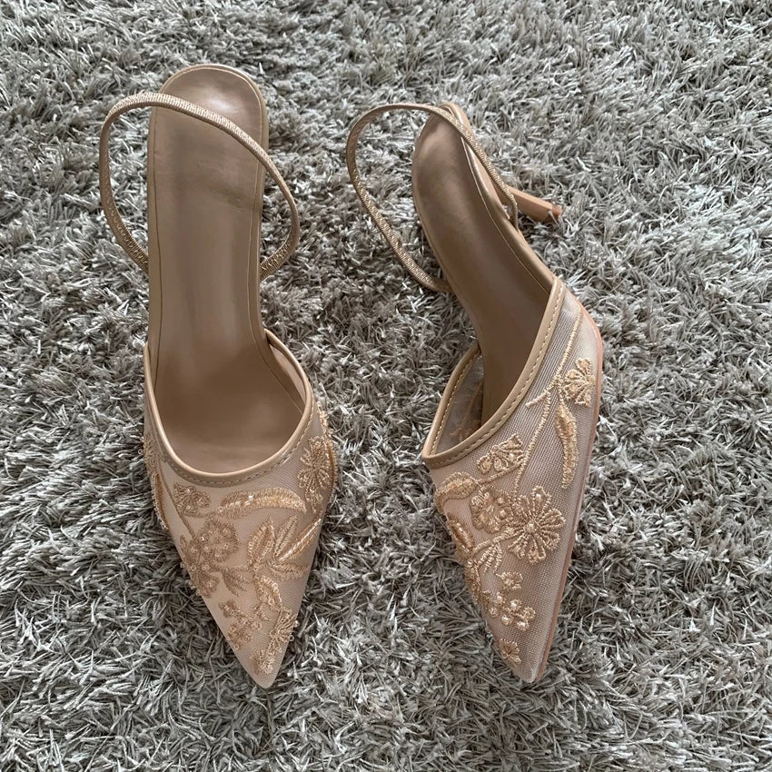Women’s Embroidered Mesh Beaded High Heel Mules – Elegant Pointed Toe Slingback Fashion Sandals | صندل نسائي بكعب عالي مطرّز من الشيفون – أنيق مع خرز وخيط وتصميم مفتوح من الخلف بطرف مدبب