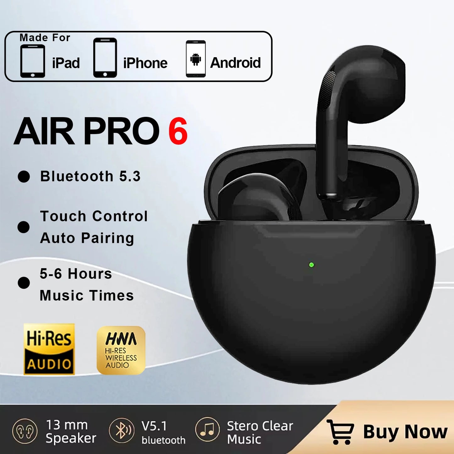 🎧 New Air Pro 6 TWS Wireless Earbuds 🔊 – Bluetooth Headphones with Mic for iPhone & Android | سماعات Air Pro 6 اللاسلكية – بتقنية TWS وبلوتوث مع مايك للجوالات