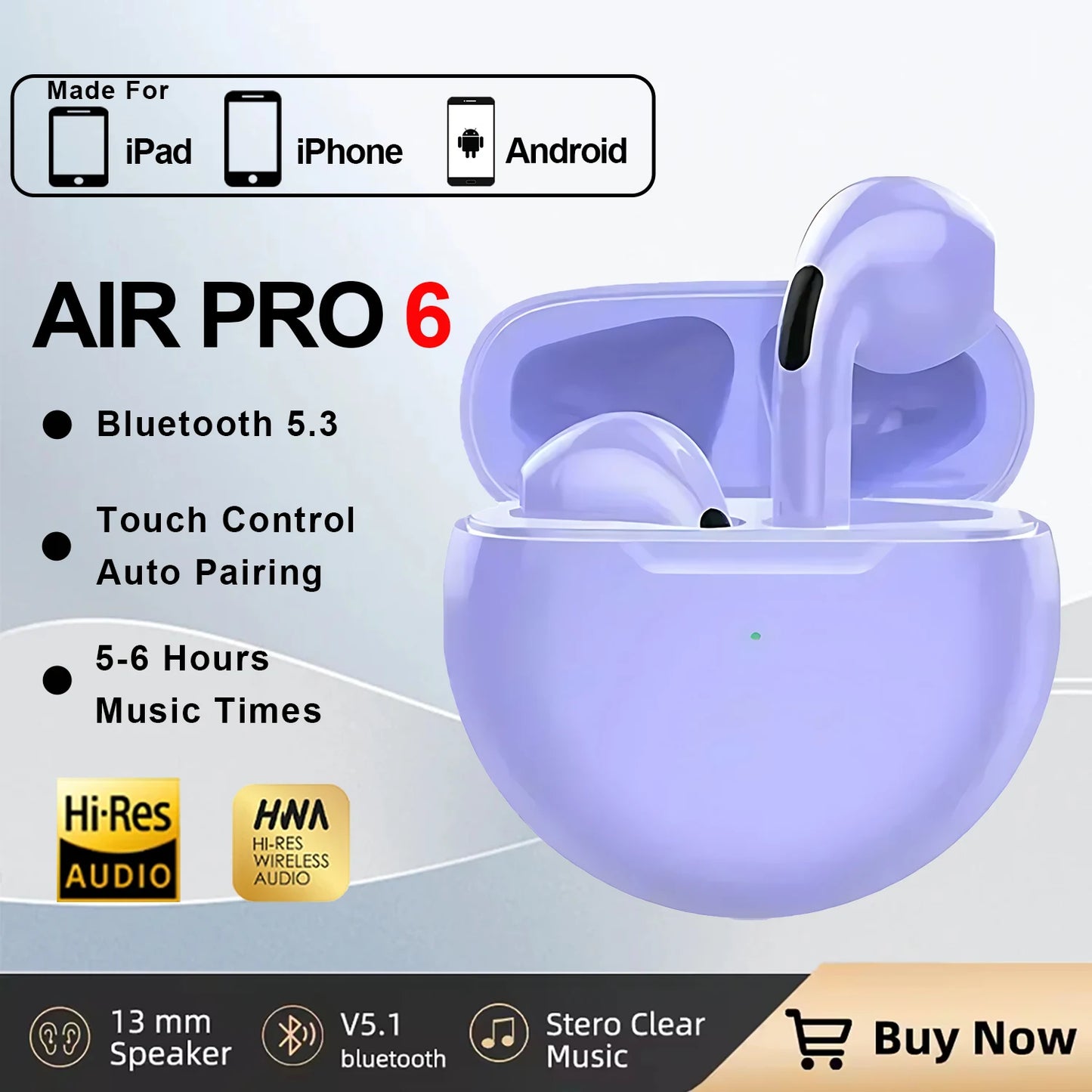 🎧 New Air Pro 6 TWS Wireless Earbuds 🔊 – Bluetooth Headphones with Mic for iPhone & Android | سماعات Air Pro 6 اللاسلكية – بتقنية TWS وبلوتوث مع مايك للجوالات