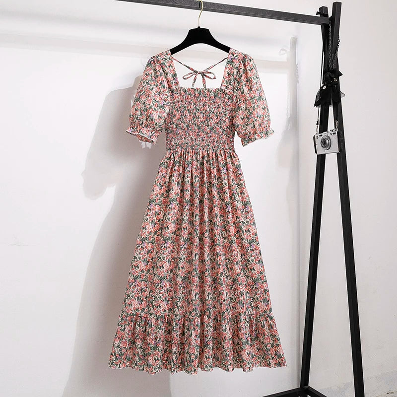 🌸 Spring/Summer Pleated Chiffon Dress for Women 👗 – Elastic Waist Casual Short Sleeve A-Line Dress | فستان شيفون نسائي مزموم – خصر مرن، أكمام قصيرة، وقصة A كلاسيكية لصيف وربيع مريح وأنيق