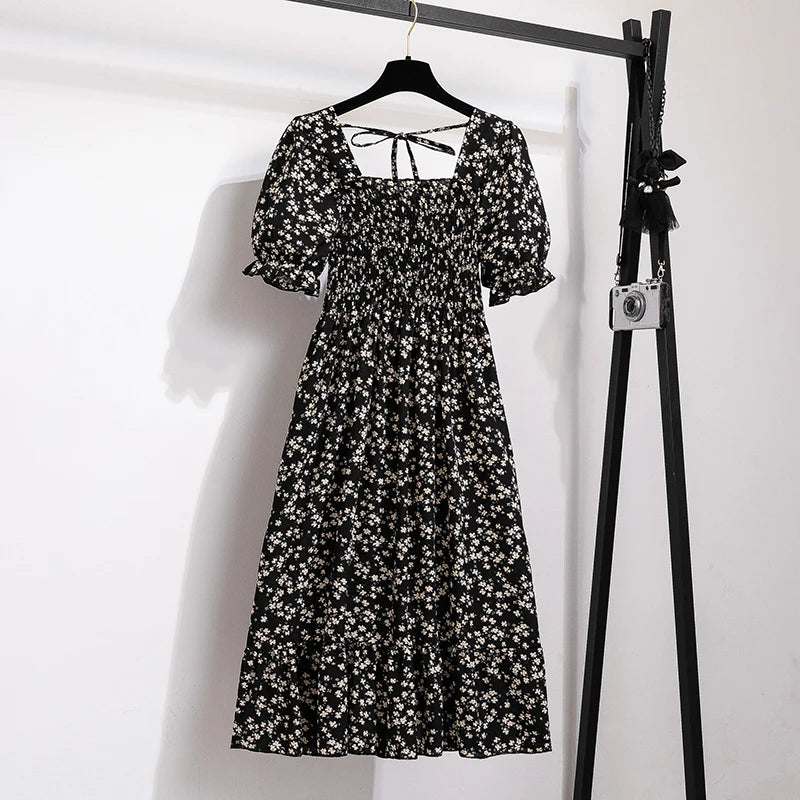 🌸 Spring/Summer Pleated Chiffon Dress for Women 👗 – Elastic Waist Casual Short Sleeve A-Line Dress | فستان شيفون نسائي مزموم – خصر مرن، أكمام قصيرة، وقصة A كلاسيكية لصيف وربيع مريح وأنيق