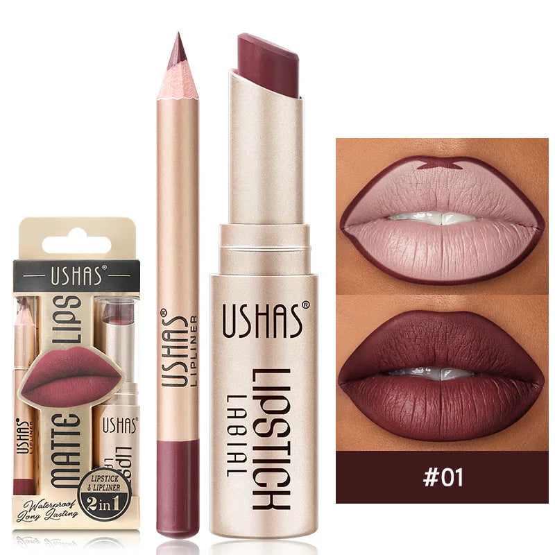 💄 USHAS 12-Color Matte Lipstick & Lip Liner Set – Long-Lasting Nude & Red Combo | طقم USHAS أحمر شفاه + قلم تحديد (12 لون) – مطفي وثابت – نود & أحمر