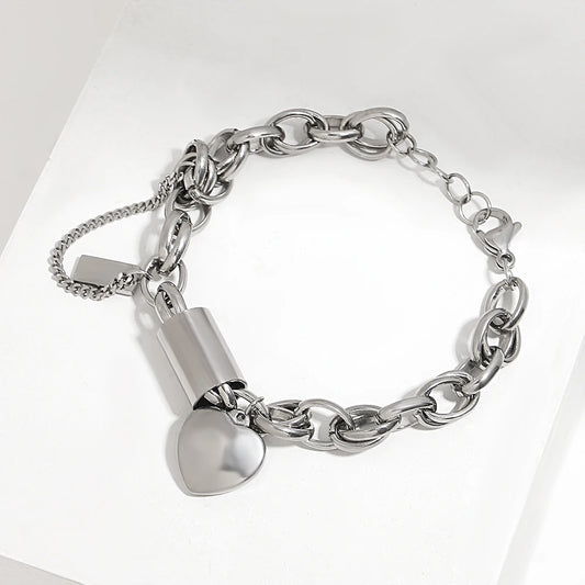 DZ Gold Color Thick Chain Stainless Steel Bracelets for Women Fashion Design Heart Love Pendant Wrist Jewelry