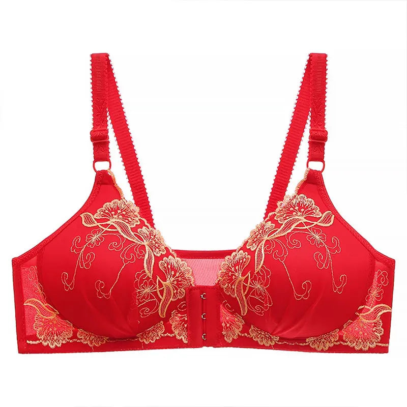 ✨ Lace Embroidery Wireless Bra – Front Closure Push-Up Bralette for Women 🔷 حمالة صدر بدون أسلاك بتطريز دانتيل وإغلاق أمامي – مريحة ورافعة للنساء