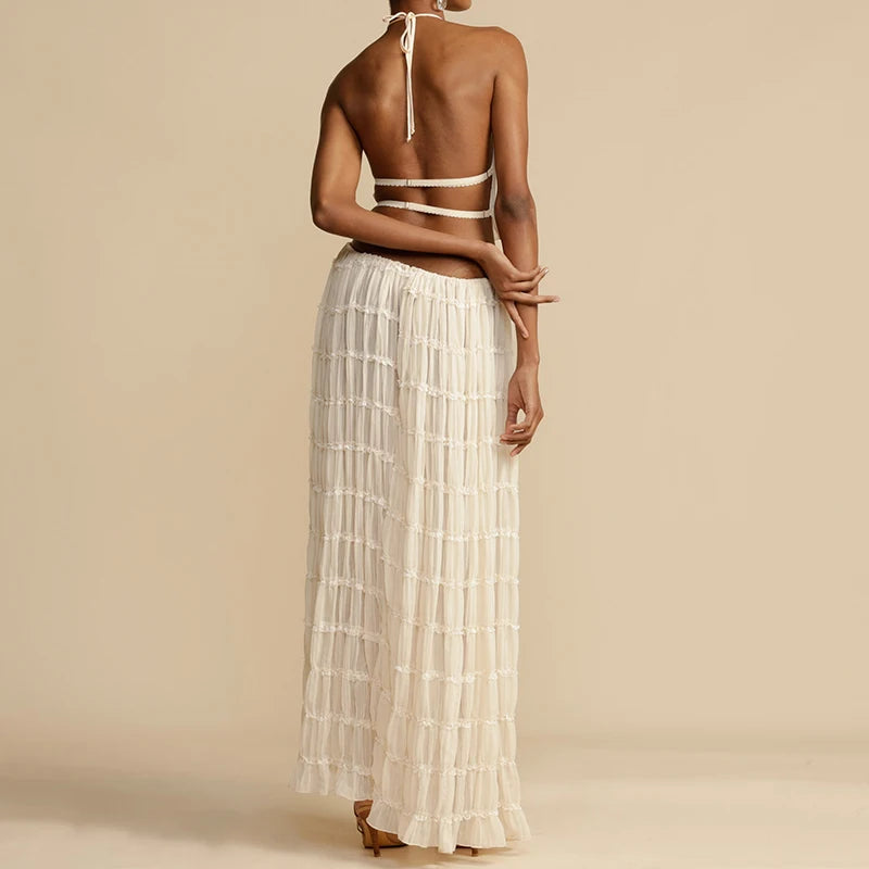 🌺 Boho Backless 2-Piece Summer Set – Ruched Halter Top & Maxi Skirt | طقم نسائي بوهو صيفي قطعتين – توب هالتر مكشوف الظهر + تنورة طويلة أنيقة