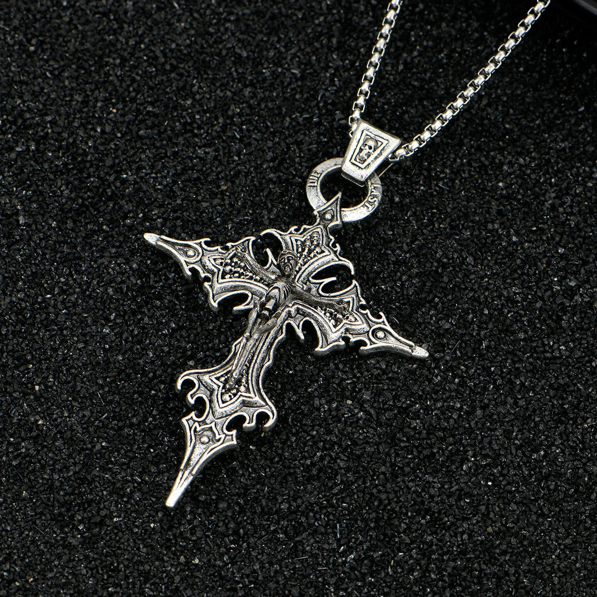 ✨ Retro Gothic Cross & Skull Pendant Necklace – Halloween Punk Style 🔷 قلادة بتصميم جمجمة وصليب مسماري ستايل قوطي عتيق – لإطلالة جريئة وهالوين