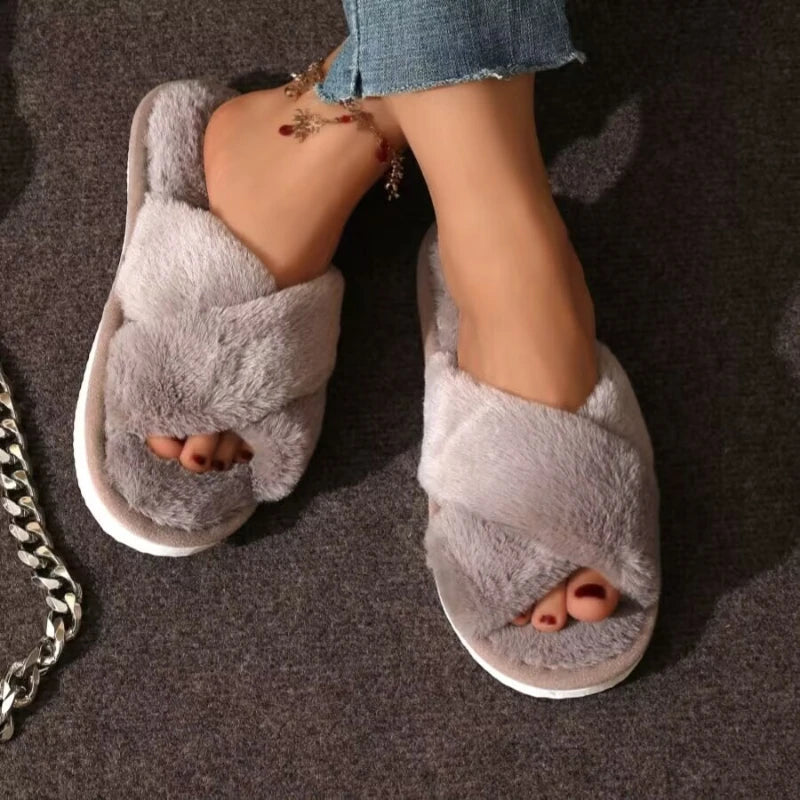 Women’s Cross-Strap Fuzzy Slippers – Open-Toe Fluffy Home Shoes for Warm & Cozy Comfort | شباشب نسائية ناعمة برباط متقاطع ومقدمة مفتوحة – شتوية دافئة للاستخدام المنزلي