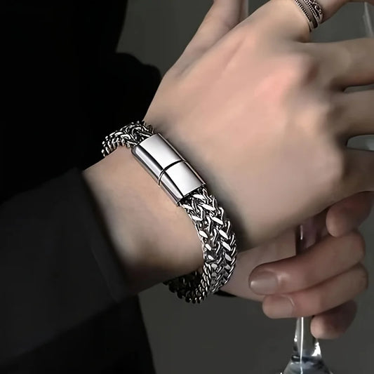✨ Braided Stainless Steel Double-Row Fish Scale Bracelet – Magnetic Buckle & Keel Design 🔷 سوار مزدوج مضفّر من الستانلس ستيل بتصميم قشور السمك ومشبك مغناطيسي – موديل جديد عصري