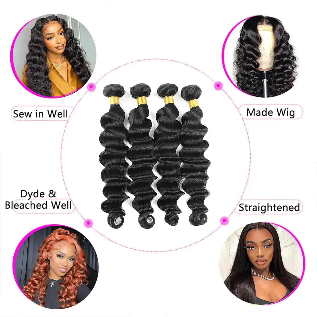 Loose Deep Wave Human Hair Bundles – 3 Unprocessed Natural Black Bundles (22", 24", 26") | خصلات شعر طبيعي مموج Loose Deep – 3 حزم من الشعر غير المعالج بطول 22، 24، 26 بوصة، باللون الأسود الطبيعي